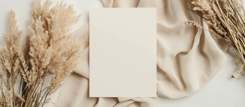 Minimalist bohemian invitation card template with blank space, neutral linen cloth, and dried pampas grass.