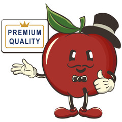vector illustration of a cute red apple character mascot in a hat and bow tie showing a sign saying premium quality with a thumbs up, work of handmade