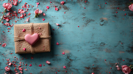 Valentine's Day has a heart background and a flat gift placed for mom. Let's lie down, make a table, the top looks blue and white, there are envelopes, we make dinner, have a romantic meal in a resto - obrazy, fototapety, plakaty