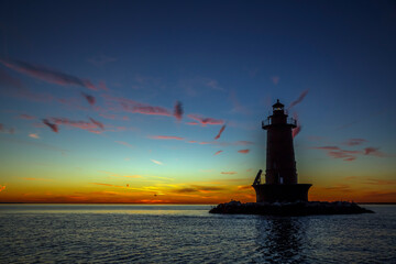 West bank lighthouse at sunrise, Hudson bay, New York, USA