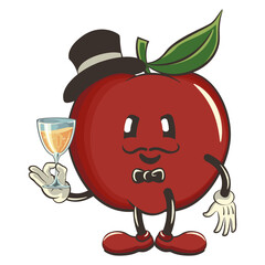 vector illustration of a cute red apple character mascot in a hat and bow tie raising a wine glass, work of handmade