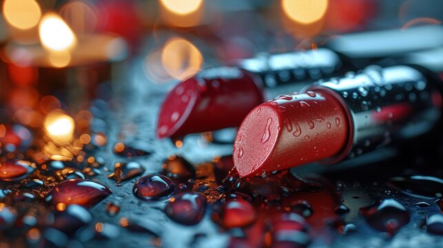  a close up of two red lipsticks laying on top of a table covered in drops of water and boke of lights in the back of the image is a blurry background.