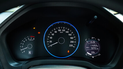 Speedometer of Modern car close up, Modern car cockpit, Panoramic shot of the dashboard a car