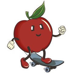 vector illustration of cute red apple character mascot playing skateboarding, work of handmade