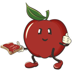vector illustration of a cute red apple character mascot holding a piece of bread with a spread of apple jam, work of handmade