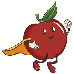vector illustration of a cute flying superhero red apple character mascot with a red cape, work of handmade
