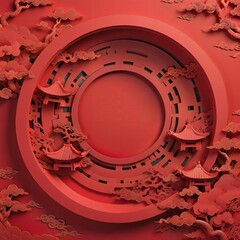 Chinese New Year AI generate images. red color concept. paper craft work design. abstract background traditional. celebration symbol art. Asia decoration holiday poster. old fashioned sign prosperity.