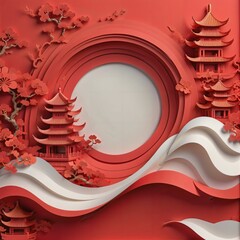 Chinese New Year AI generate images. red color concept. paper craft work design. abstract background traditional. celebration symbol art. Asia decoration holiday poster. old fashioned sign prosperity.