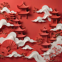 Chinese New Year AI generate images. red color concept. paper craft work design. abstract background traditional. celebration symbol art. Asia decoration holiday poster. old fashioned sign prosperity.