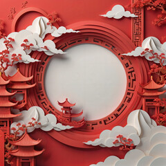 Chinese New Year AI generate images. red color concept. paper craft work design. abstract background traditional. celebration symbol art. Asia decoration holiday poster. old fashioned sign prosperity.