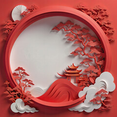 Chinese New Year AI generate images. red color concept. paper craft work design. abstract background traditional. celebration symbol art. Asia decoration holiday poster. old fashioned sign prosperity.