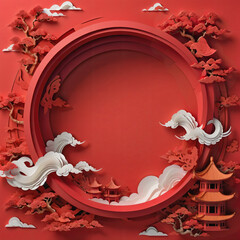 Chinese New Year AI generate images. red color concept. paper craft work design. abstract background traditional. celebration symbol art. Asia decoration holiday poster. old fashioned sign prosperity.