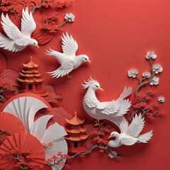 Chinese New Year AI generate images. red color concept. paper craft work design. abstract background traditional. celebration symbol art. Asia decoration holiday poster. old fashioned sign prosperity.