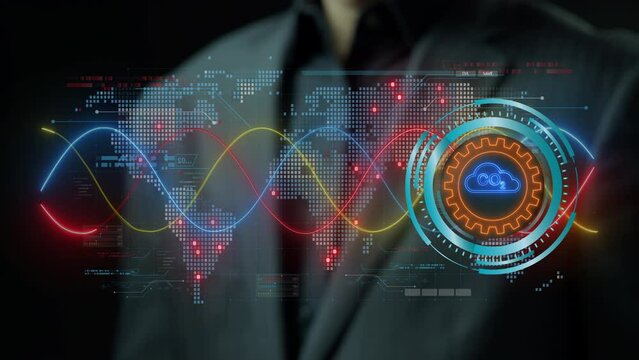 Businessman shows virtual gear icon with CO2 icon. Net zero greenhouse gas emissions target. Reduce CO2, green business using environmentally renewable energy. change, weather concept.