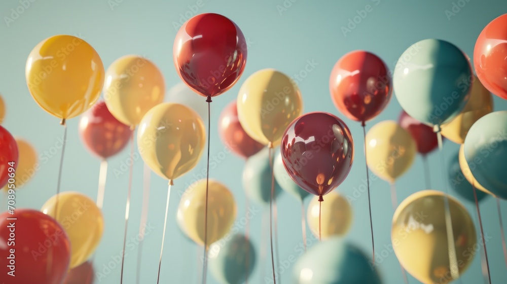 Poster a bunch of colorful balloons floating in the air with a blue sky in the background and a blue sky in