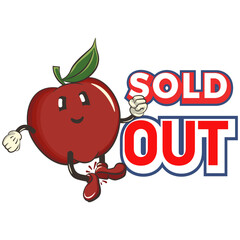 vector illustration of a cute red apple character mascot dancing with his feet tapping in front of the words sold out