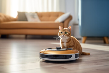 Curiosity piqued, a cat investigates the new addition to the house – a robot vacuum, engaging in a playful exploration - obrazy, fototapety, plakaty