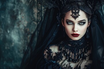 Stunning Gothic Vampire Queen, Mesmerizing With Dark Makeup In Fashion Portrait