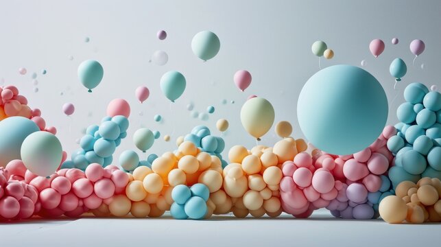  a group of balloons floating in the air next to each other on top of a white surface with blue, pink, yellow, and orange balloons floating in the air.