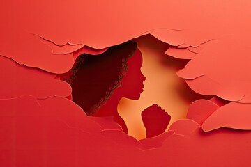 Women s Day poster with woman silhouette and fist inside in paper cut . Girl face poster for feminism, independence, freedom, empowerment, activism for women rights . woman rights protes feminism