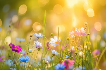 Transforming A Title: Lively Summer Meadow Bursting With Vibrant Wildflowers, Bathed In Sunbeams And Bokeh Lights