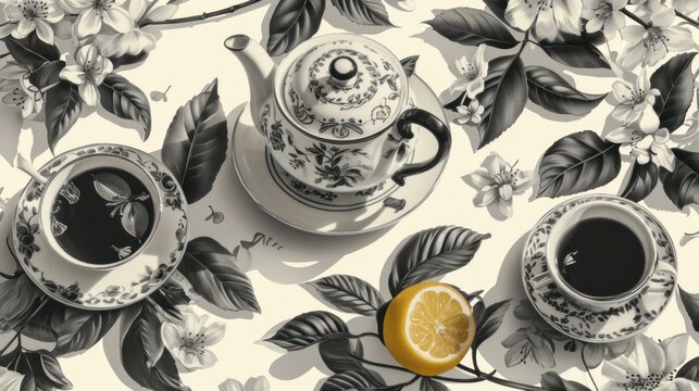  a black and white photo of a tea pot and a cup of tea with a slice of lemon on the side of the teapot and a flowered background.