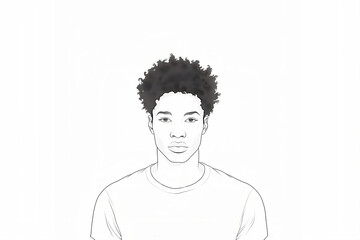Fototapeta na wymiar Portrait Strichzeichnung eines jungen Mannes mit Afro gestylten Haaren, der in die Kamera schaut.