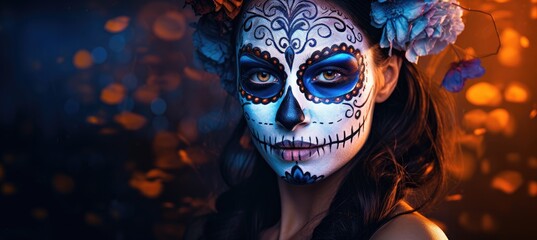 featuring elaborate Day of the Dead face paint, a masterpiece of intricate makeup and artistic expression