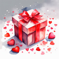 Holiday card design, cartoon style. Watercolor valentine gift box with hearts on white background.