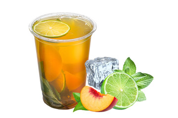 Cocktail with lime, peach and mint isolated on white background