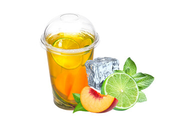 Fototapeta premium Cocktail with lime, peach and mint isolated on white background