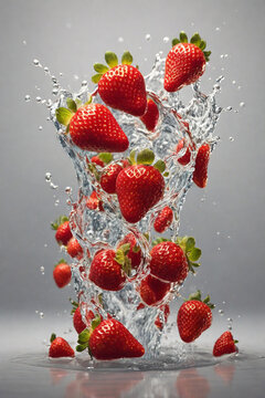 Falling strawberries in water splash on grey background. Fresh fruits.