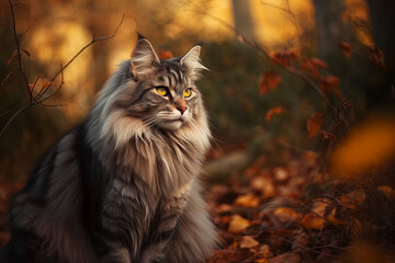 Naklejka na ściany i meble Autumn Elegance: Maine Coon Cat Amidst Fall Leaves in a Painting - Generative AI Masterpiece