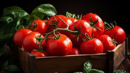 Ripe tomatoes in wooden box,