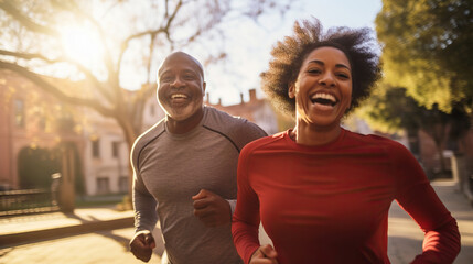 Happy african american couple of middle aged adults jogging through sunlit city streets. Copy space