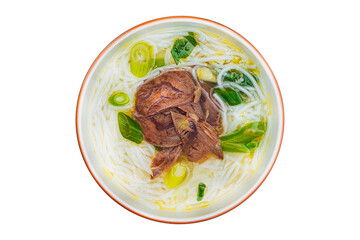 Vietnamese cuisine and food, Pho Bo soup, noodles and gourd on a plate, on a white isolated...