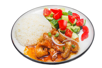 Vietnamese cuisine and food, white rice with boiled chicken meat and vegetables on a plate, on a white isolated background