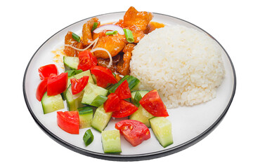 Vietnamese cuisine and food, white rice with boiled chicken meat and vegetables on a plate, on a white isolated background