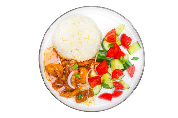 Vietnamese cuisine and food, white rice with boiled chicken meat and vegetables on a plate, on a white isolated background