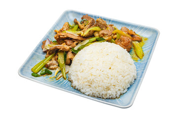 Vietnamese cuisine and food, white rice with vegetables and beef on a plate, on a white isolated background