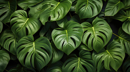 A Serene Symphony of Vibrant Green tropical Leaves in Close-Up - obrazy, fototapety, plakaty