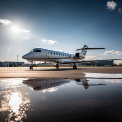 
A luxurious private jet on the runway, ready for departure, bright sunny day, Sony A9, 24mm f/1.4 lens, capturing the sophistication and exclusivity of private jet travel.