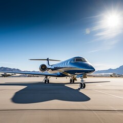 
A luxurious private jet on the runway, ready for departure, bright sunny day, capturing the sophistication and exclusivity of private jet travel.