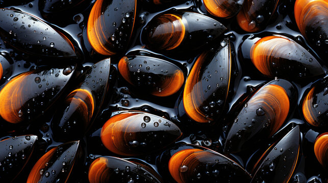 A Beautiful Close-Up of Vibrant Black and Orange Mussels