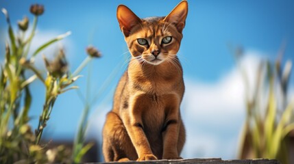 Artistic shots of an Abyssinian cat perched in a high location, capturing the graceful and inquisitive nature of the breed