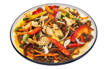 Vietnamese cuisine and food, funchose noodles with soy sauce, mushrooms and vegetables, fried beef on a plate, on a white isolated background