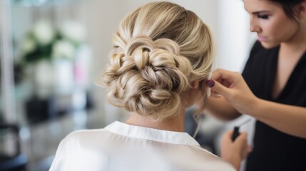 Close-up shots of a hair stylist crafting an elegant updo for a special occasion, emphasizing precision and attention to detail, - obrazy, fototapety, plakaty