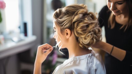 Fototapeta premium Close-up shots of a hair stylist crafting an elegant updo for a special occasion, emphasizing precision and attention to detail,