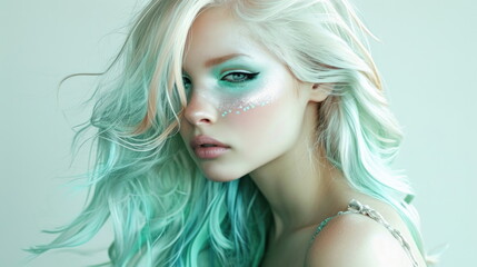 Portrait of a woman with creative makeup resembling a mermaid with colorful hair.