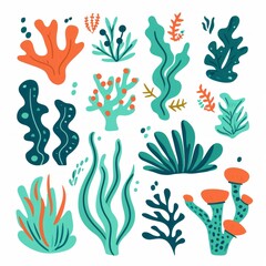 Coral and seaweed clipart, very cute and simple, cartoon style, in teal, green, orange and blue colors on a white background.